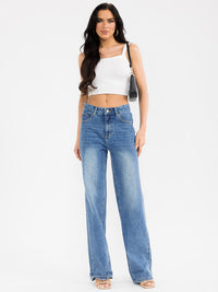 WOMEN'S BUTTON CLOSURE WASHED STRAIGHT LEG DENIM PANTS