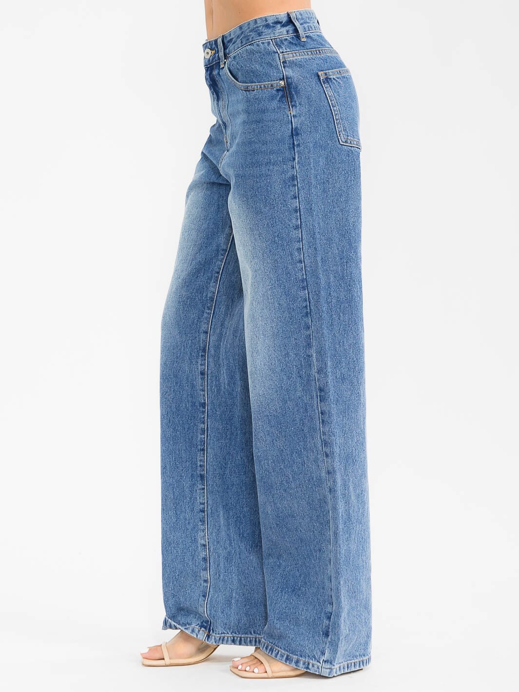 WOMEN'S BUTTON CLOSURE WASHED STRAIGHT LEG DENIM PANTS