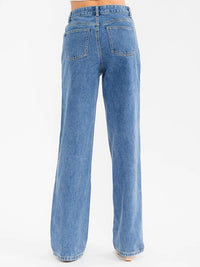 WOMEN'S BUTTON CLOSURE WASHED STRAIGHT LEG DENIM PANTS