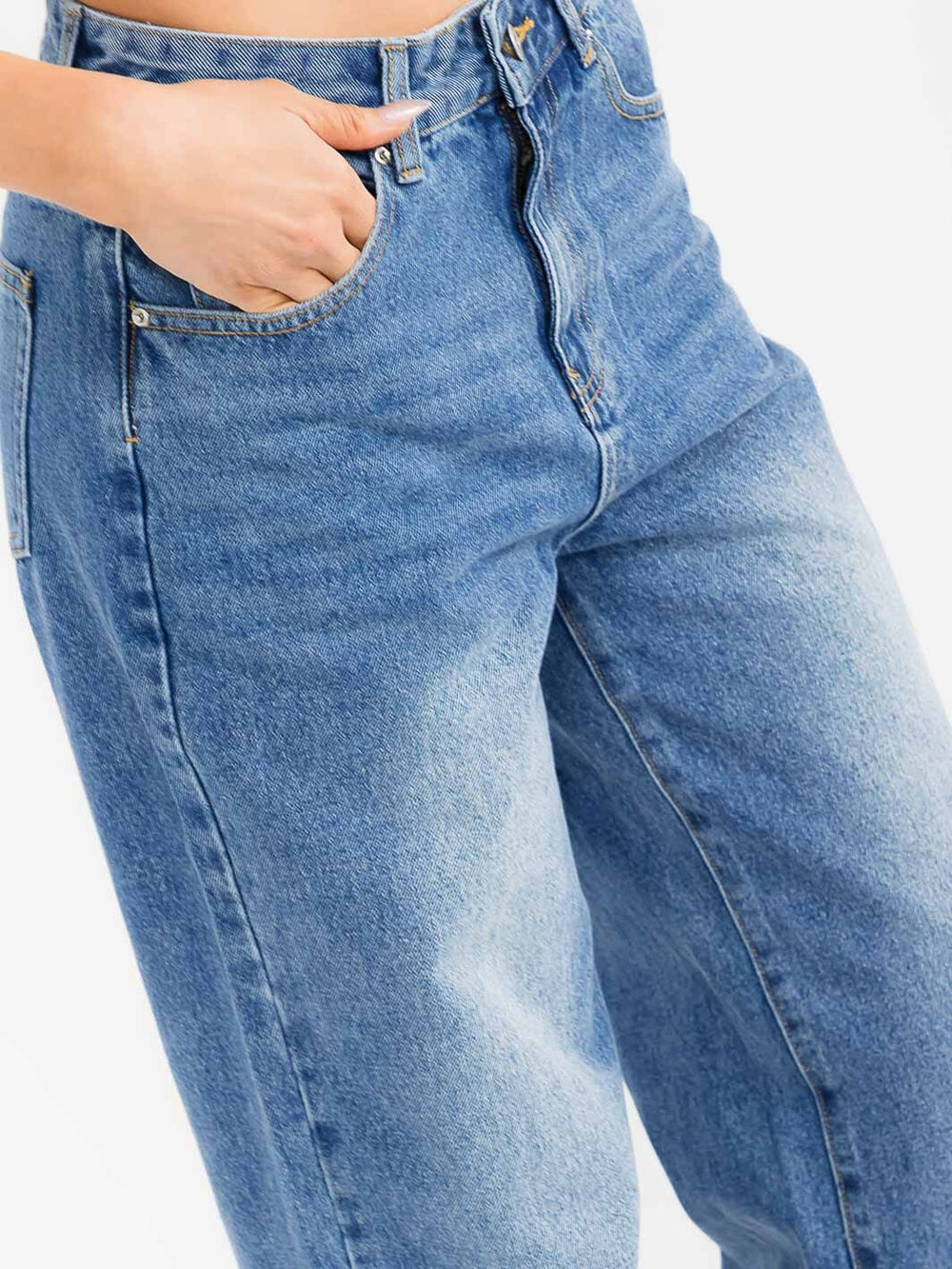 WOMEN'S BUTTON CLOSURE WASHED STRAIGHT LEG DENIM PANTS