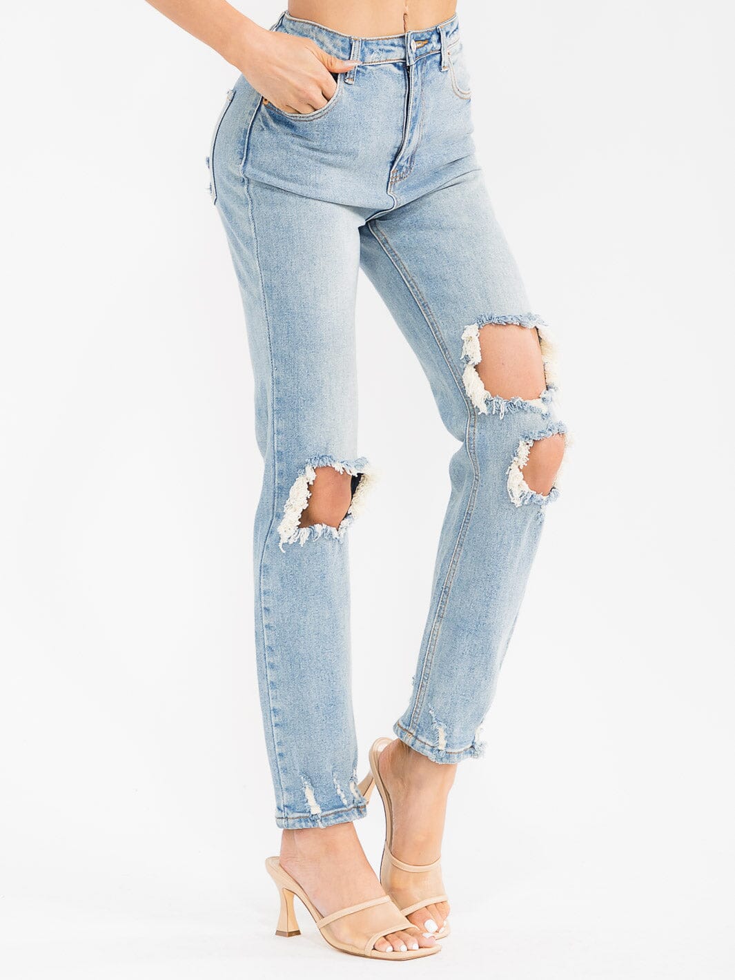 WOMEN'S BUTTON CLOSURE DISTRESS WASHED SKINNY DENIM PANTS
