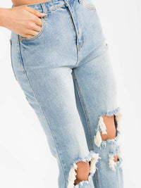 WOMEN'S BUTTON CLOSURE DISTRESS WASHED SKINNY DENIM PANTS