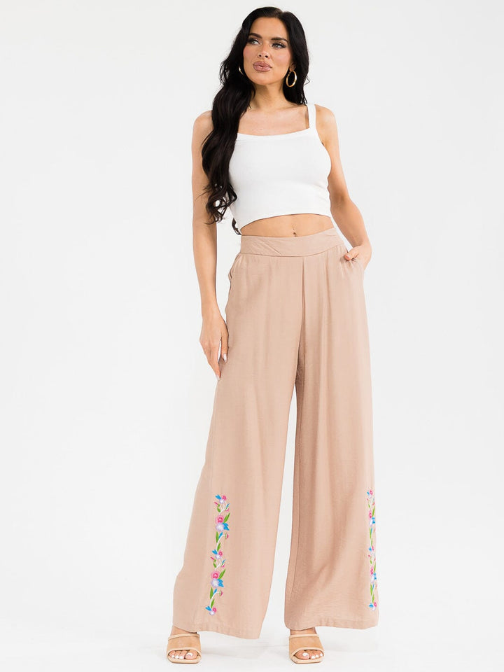 WOMEN'S ELASTIC WAIST FRONT POCKETS WIDE LEG PALAZZO EMBROIDERY FLORAL PANTS