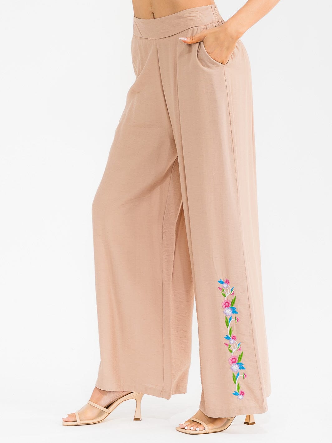 WOMEN'S ELASTIC WAIST FRONT POCKETS WIDE LEG PALAZZO EMBROIDERY FLORAL PANTS