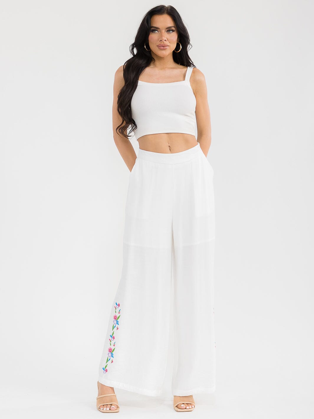 WOMEN'S ELASTIC WAIST FRONT POCKETS WIDE LEG PALAZZO EMBROIDERY FLORAL PANTS