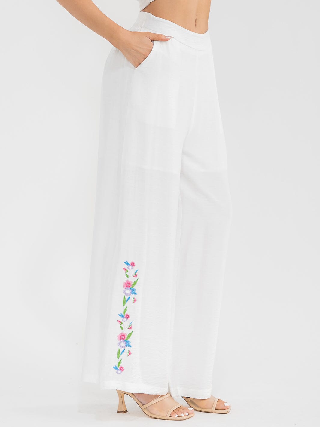 WOMEN'S ELASTIC WAIST FRONT POCKETS WIDE LEG PALAZZO EMBROIDERY FLORAL PANTS