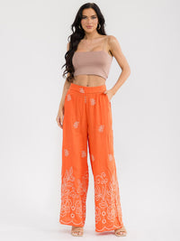 WOMEN'S ELASTIC WAIST FRONT POCKETS WIDE LEG PALAZZO EMBROIDERY FLORAL PANTS