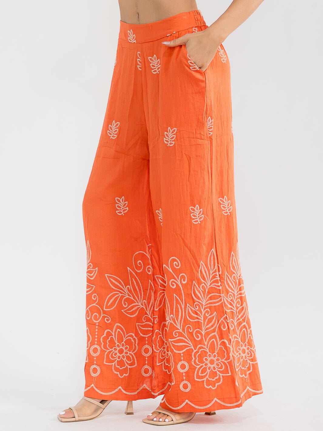 WOMEN'S ELASTIC WAIST FRONT POCKETS WIDE LEG PALAZZO EMBROIDERY FLORAL PANTS