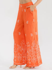 WOMEN'S ELASTIC WAIST FRONT POCKETS WIDE LEG PALAZZO EMBROIDERY FLORAL PANTS