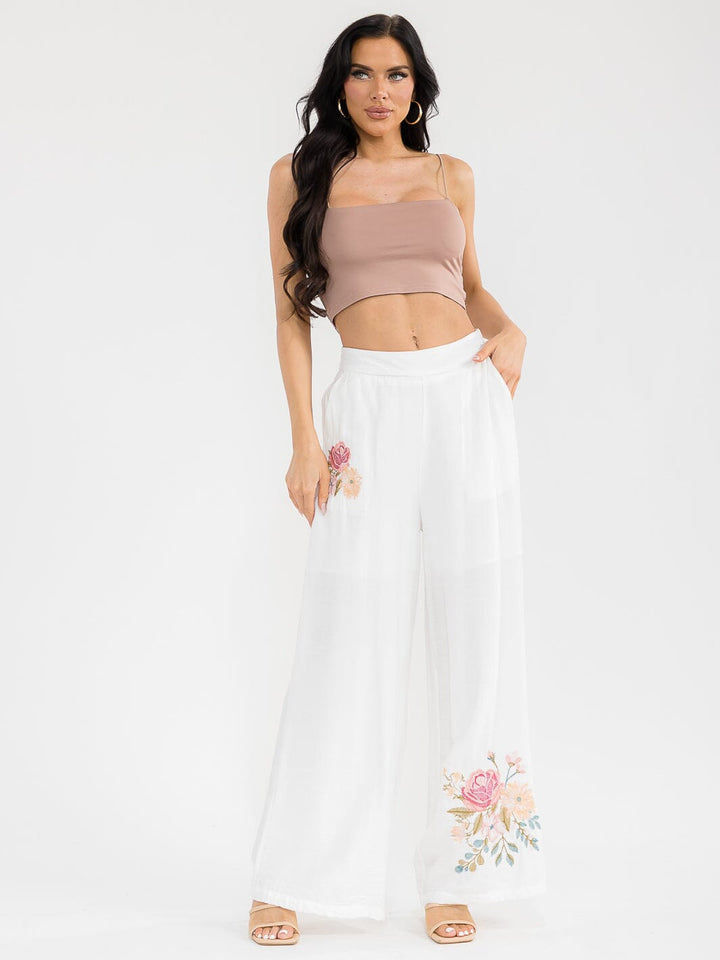 WOMEN'S ELASTIC WAIST FRONT POCKETS WIDE LEG PALAZZO EMBROIDERY FLORAL PANTS