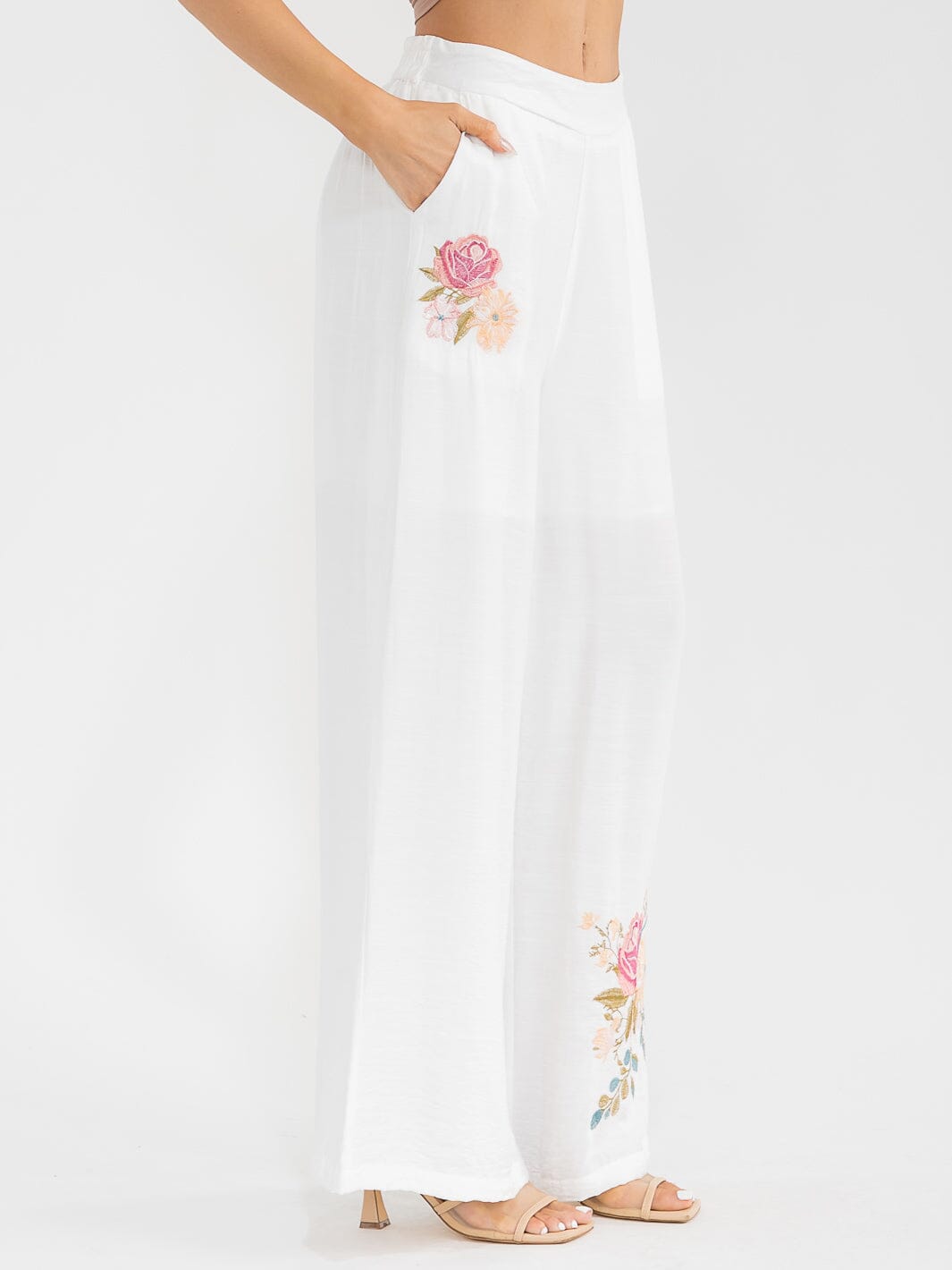 WOMEN'S ELASTIC WAIST FRONT POCKETS WIDE LEG PALAZZO EMBROIDERY FLORAL PANTS