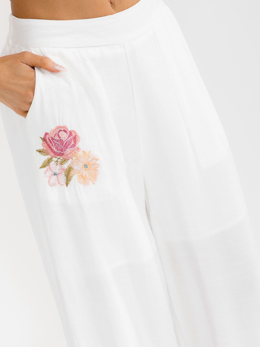 WOMEN'S ELASTIC WAIST FRONT POCKETS WIDE LEG PALAZZO EMBROIDERY FLORAL PANTS