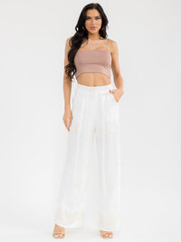 WOMEN'S ELASTIC WAIST FRONT POCKETS STRAIGHT LEG EMBROIDERY PANTS