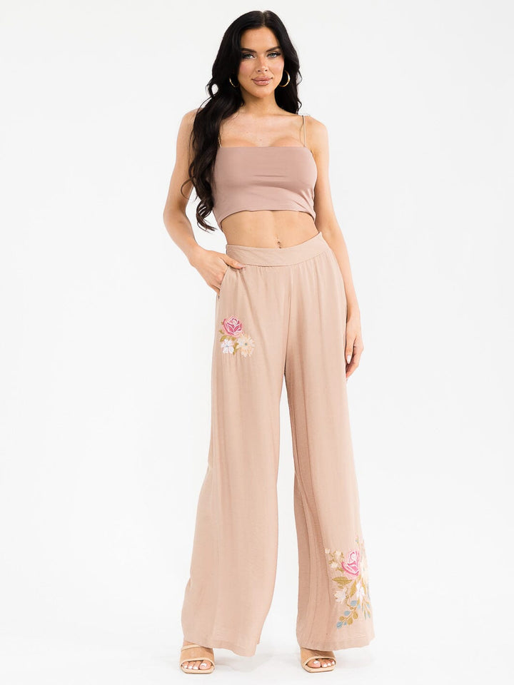 WOMEN'S ELASTIC WAIST FRONT POCKETS WIDE LEG PALAZZO EMBROIDERY FLORAL PANTS