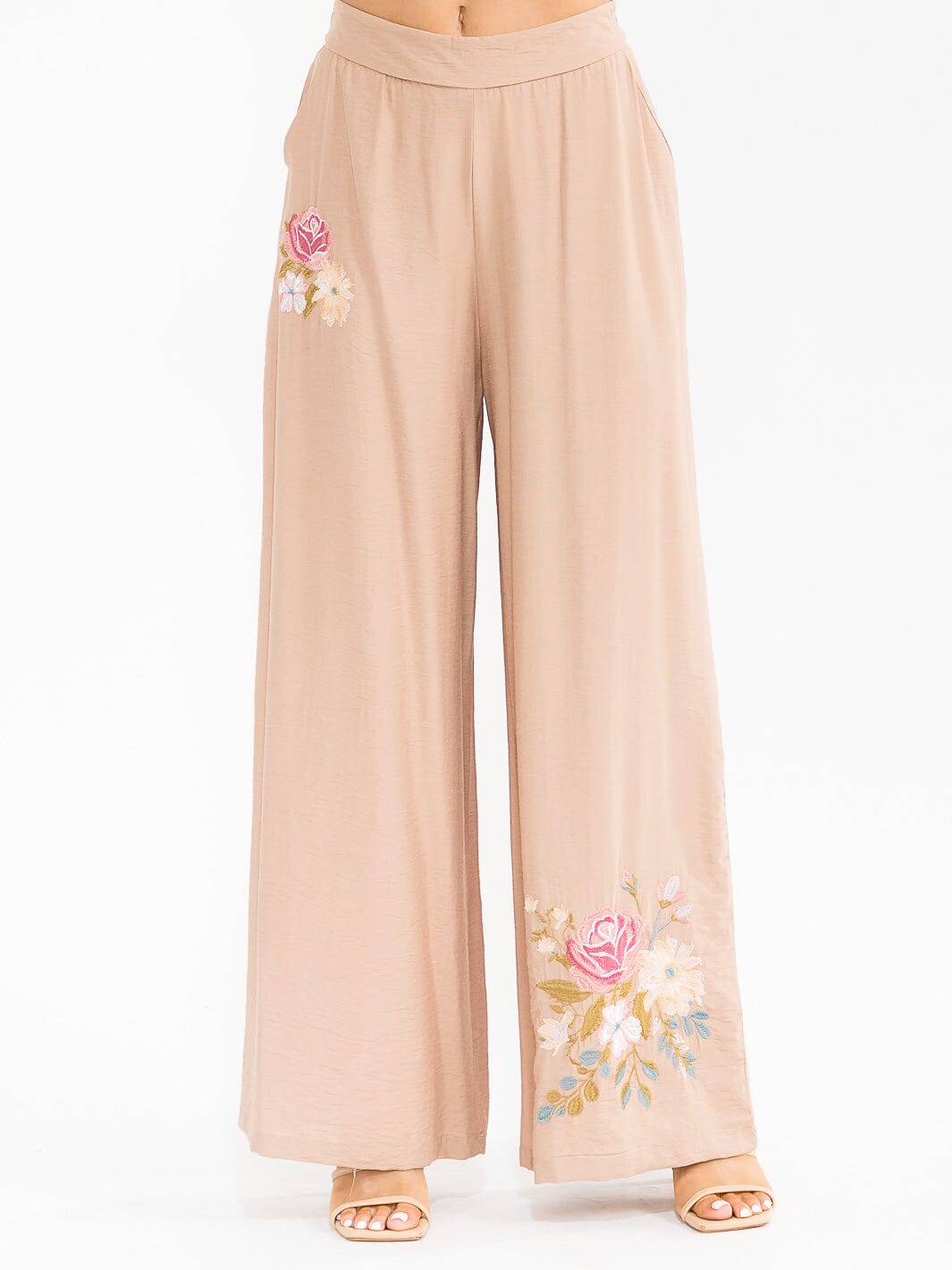 WOMEN'S ELASTIC WAIST FRONT POCKETS WIDE LEG PALAZZO EMBROIDERY FLORAL PANTS