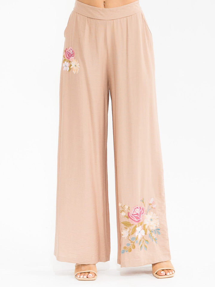 WOMEN'S ELASTIC WAIST FRONT POCKETS WIDE LEG PALAZZO EMBROIDERY FLORAL PANTS