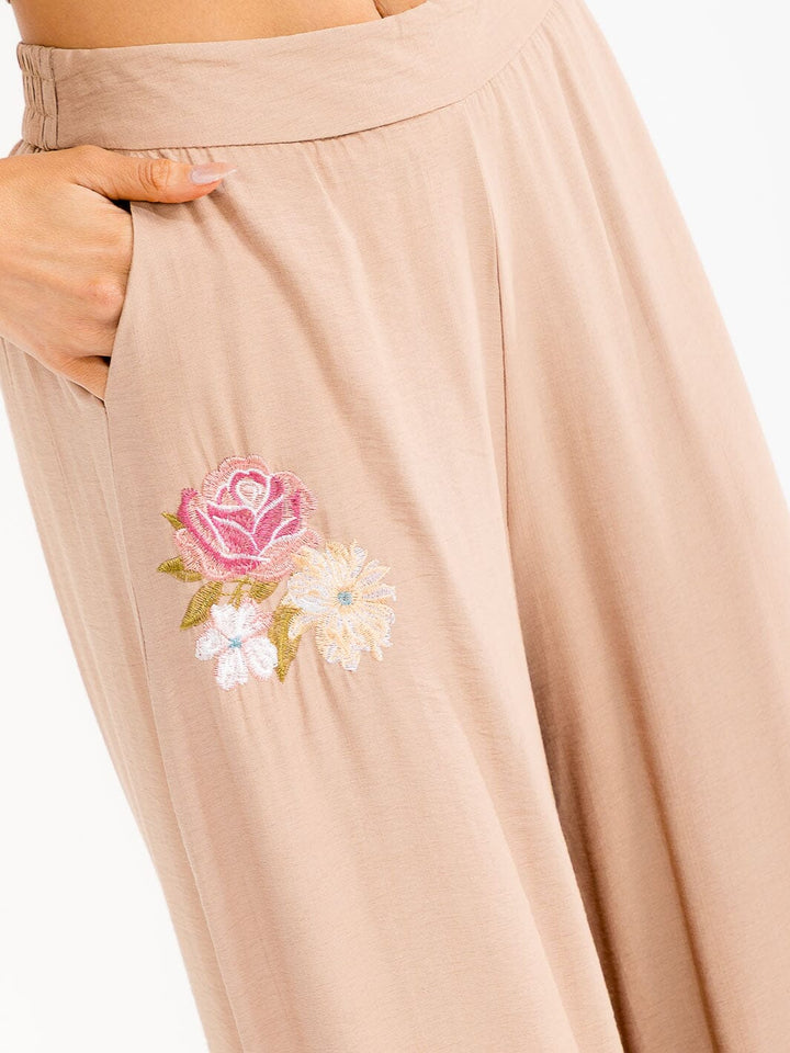 WOMEN'S ELASTIC WAIST FRONT POCKETS WIDE LEG PALAZZO EMBROIDERY FLORAL PANTS
