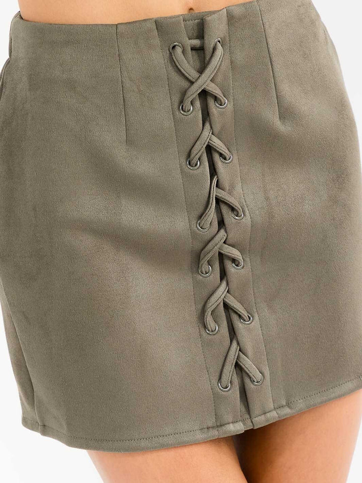 WOMEN'S ZIPPER CLOSURE FRONT LACE UP VELVET MINI SKIRT