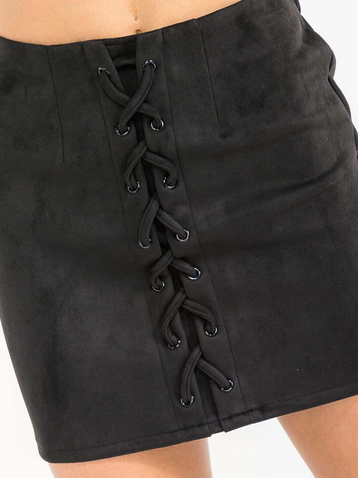 WOMEN'S ZIPPER CLOSURE FRONT LACE UP VELVET MINI SKIRT