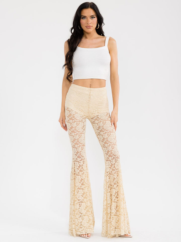WOMEN'S ELASTIC WAIST ALL OVER LACE BELL BOTTOM PANTS