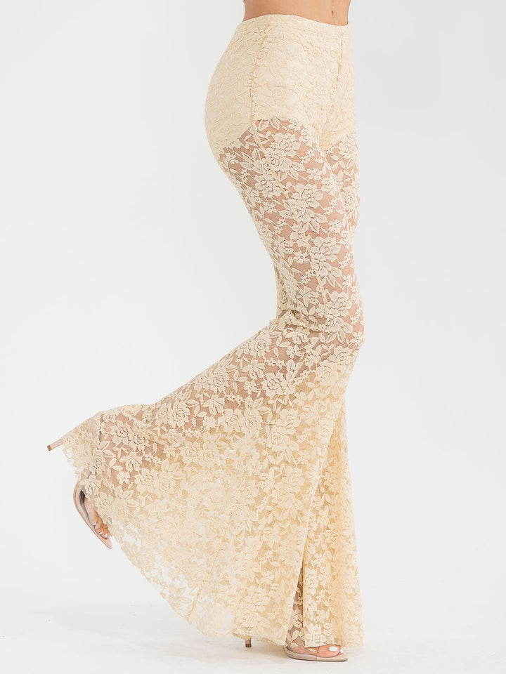 WOMEN'S ELASTIC WAIST ALL OVER LACE BELL BOTTOM PANTS