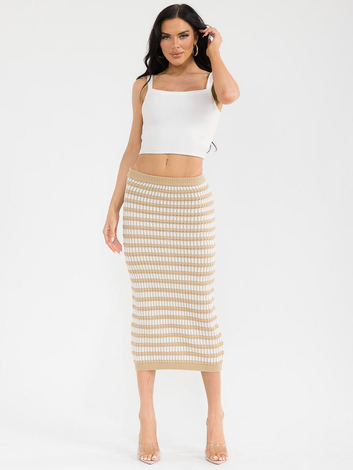 WOMEN'S ELASTIC WAIST SELF TIE KNIT COLORBLOCK MAXI SKIRT