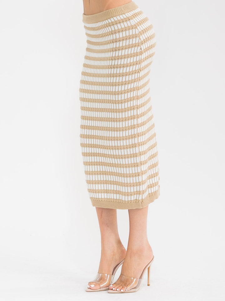 WOMEN'S ELASTIC WAIST SELF TIE KNIT COLORBLOCK MAXI SKIRT