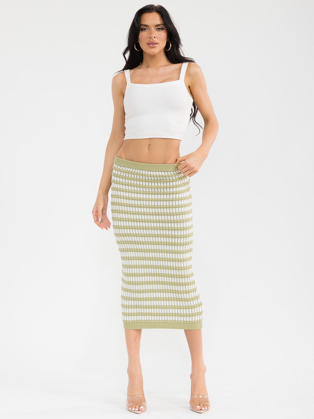 WOMEN'S ELASTIC WAIST SELF TIE KNIT COLORBLOCK MAXI SKIRT