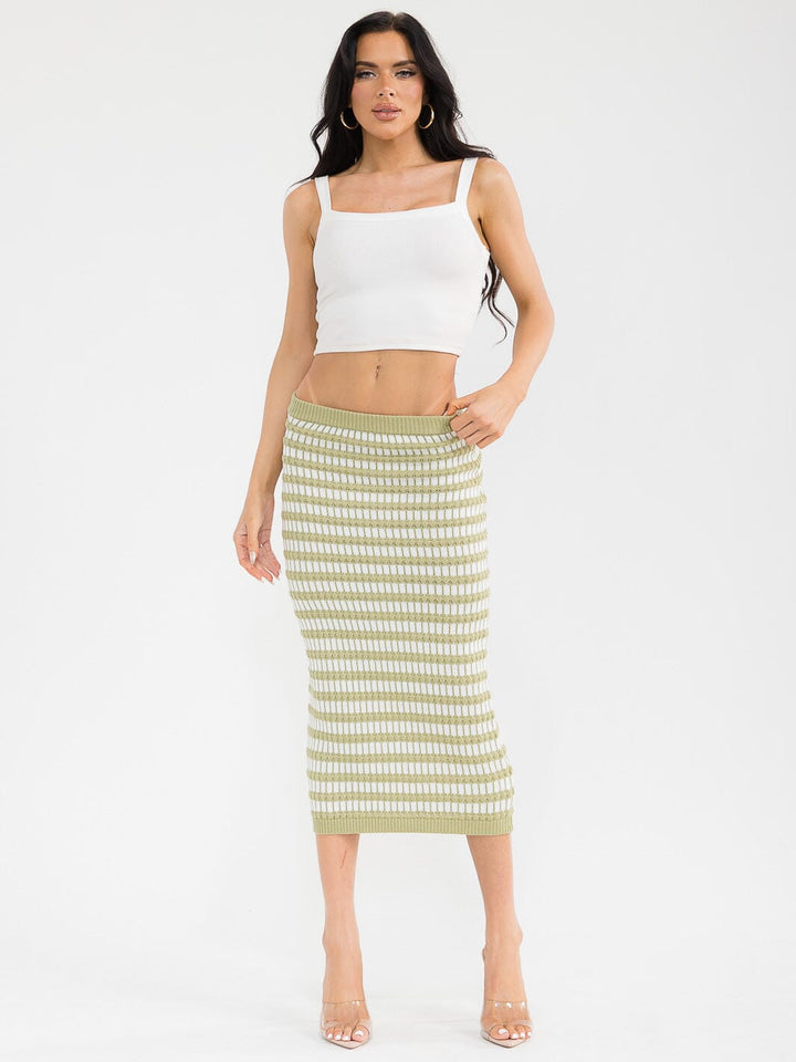 WOMEN'S ELASTIC WAIST SELF TIE KNIT COLORBLOCK MAXI SKIRT
