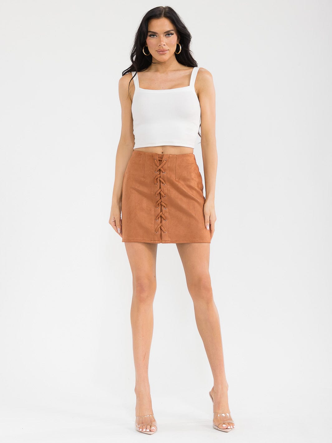 WOMEN'S ZIPPER CLOSURE FRONT LACE UP VELVET MINI SKIRT