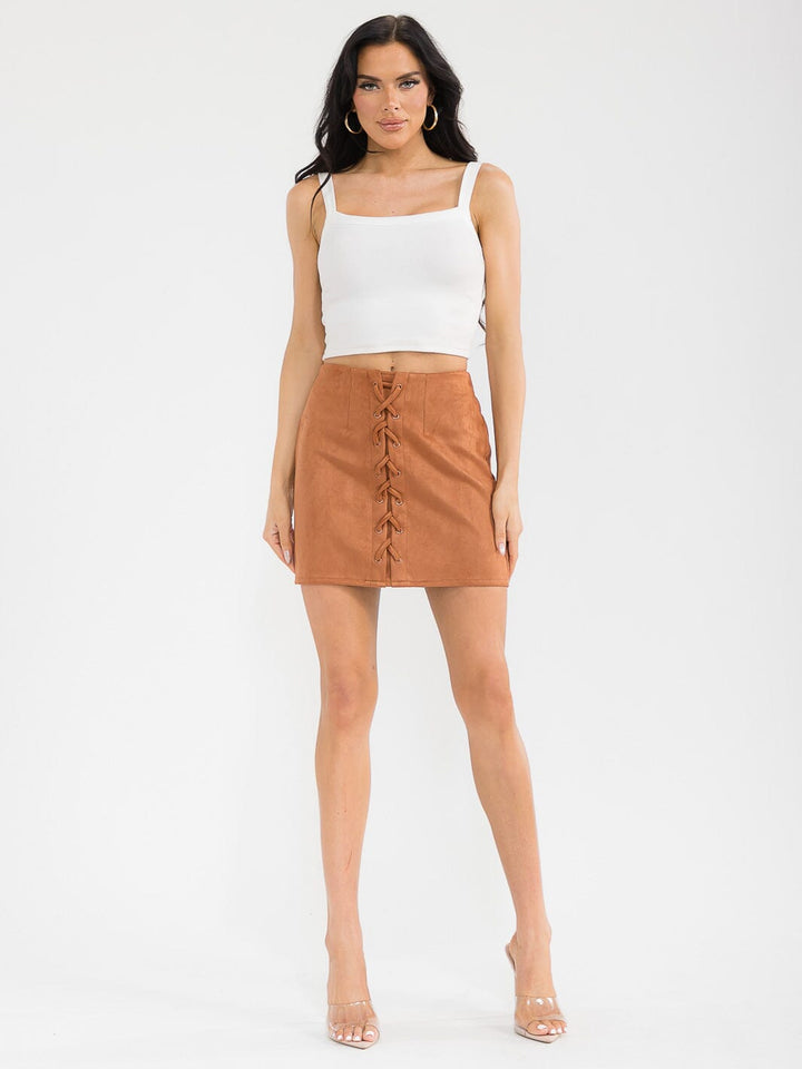 WOMEN'S ZIPPER CLOSURE FRONT LACE UP VELVET MINI SKIRT