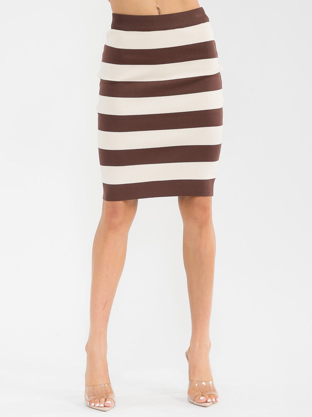 WOMEN'S ELASTIC WAIST STRIPES COLORBLOCK RIBBED PENCIL MINI SKIRT