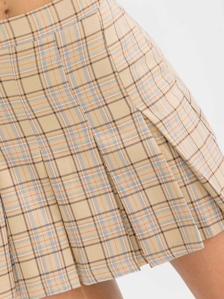 WOMEN'S ZIPPER CLOSURE PLEATED FIT & FLARE PLAID MINI SKIRT