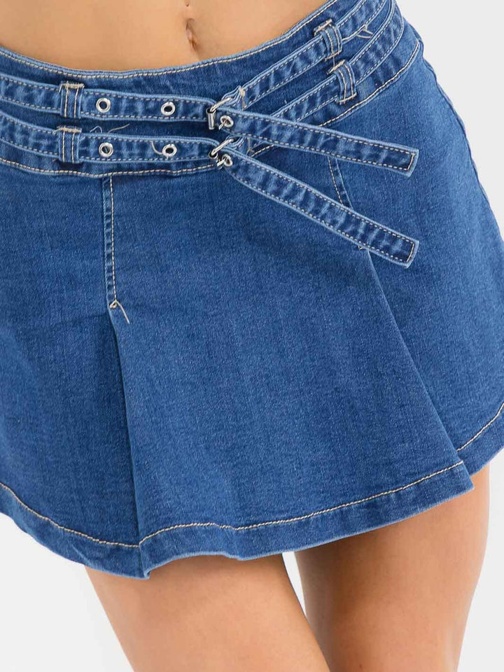 WOMEN'S ZIP UP FRONT BELT FLARE DENIM MINI SKIRT