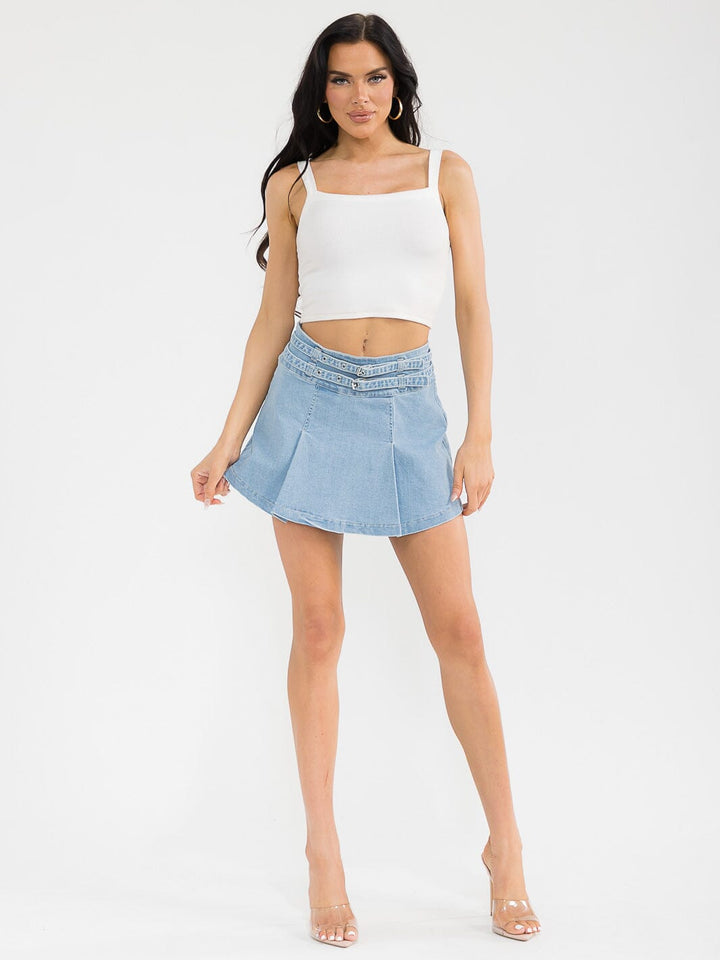 WOMEN'S ZIP UP FRONT BELT FLARE DENIM MINI SKIRT
