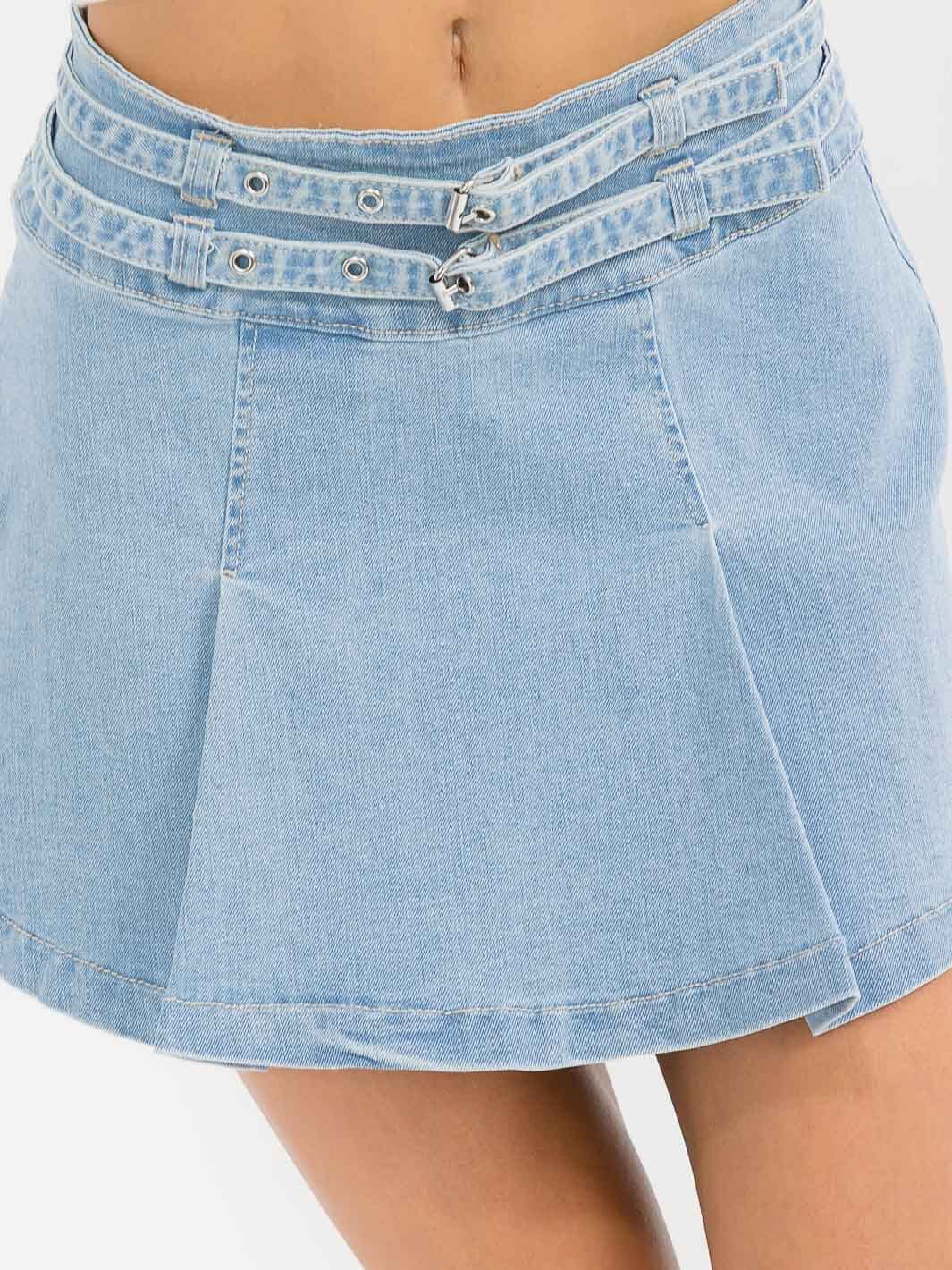 WOMEN'S ZIP UP FRONT BELT FLARE DENIM MINI SKIRT