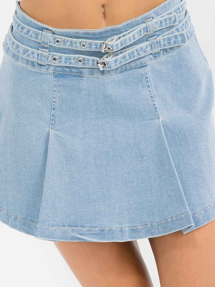 WOMEN'S ZIP UP FRONT BELT FLARE DENIM MINI SKIRT