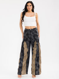 WOMEN'S BUTTON CLOSURE POCKETS WIDE LEG ANIMAL PRINT DENIM PANTS