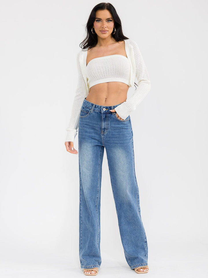 WOMEN'S LONG SLEEVE CARDIGAN & TUBE TOP KNITTED 2PCS SET TOP