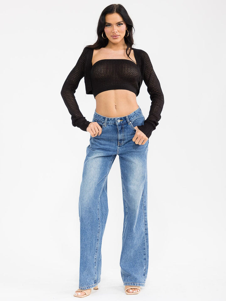 WOMEN'S LONG SLEEVE CARDIGAN & TUBE TOP KNITTED 2PCS SET TOP