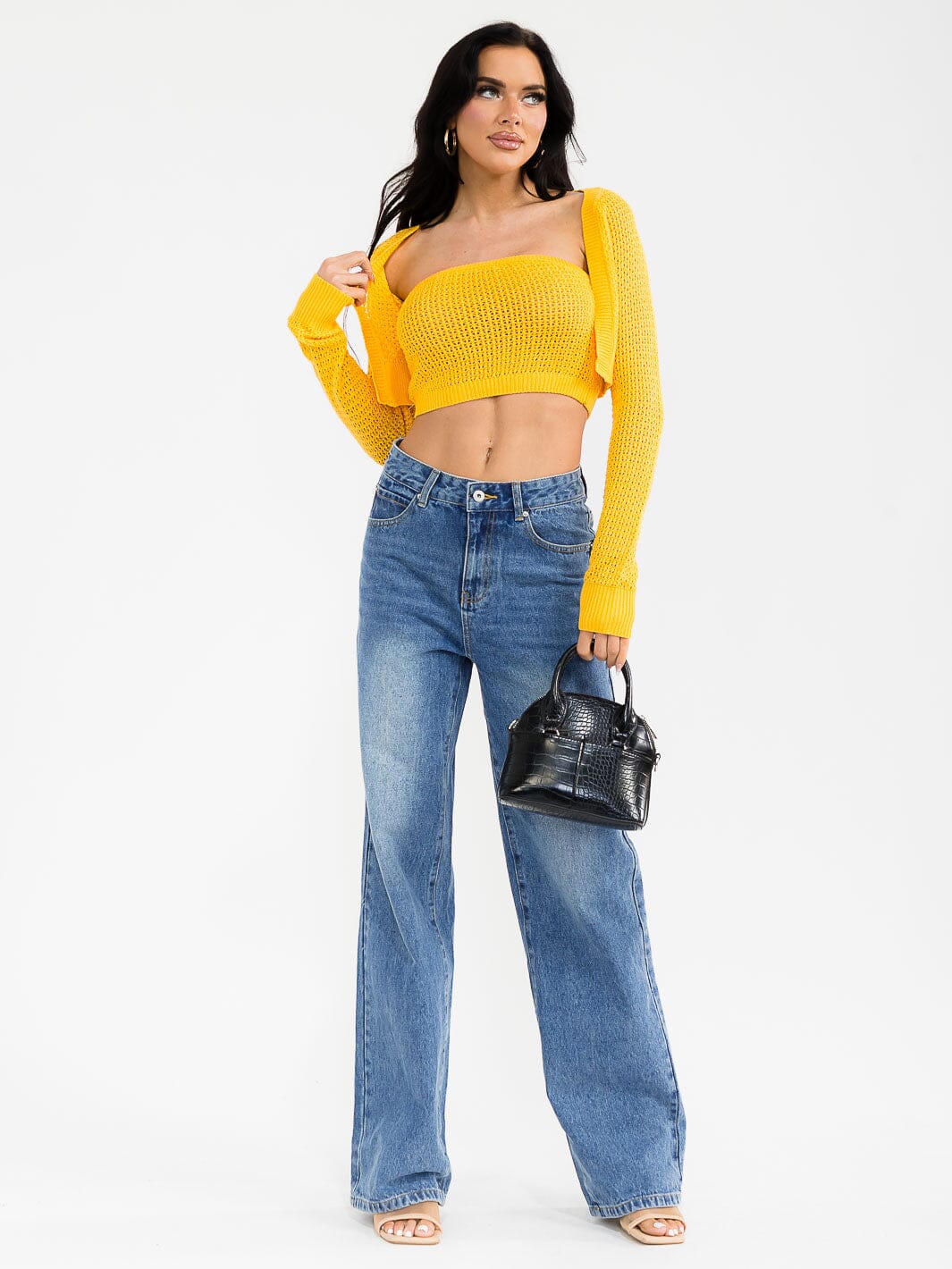 WOMEN'S LONG SLEEVE CARDIGAN & TUBE TOP KNITTED 2PCS SET TOP