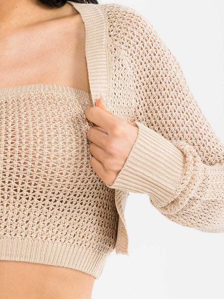 WOMEN'S LONG SLEEVE CARDIGAN & TUBE TOP KNITTED 2PCS SET TOP