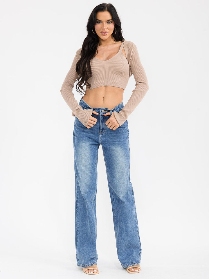 WOMEN'S LONG SLEEVE CARDIGAN & TANK TOP RIBBED 2PCS SET TOP