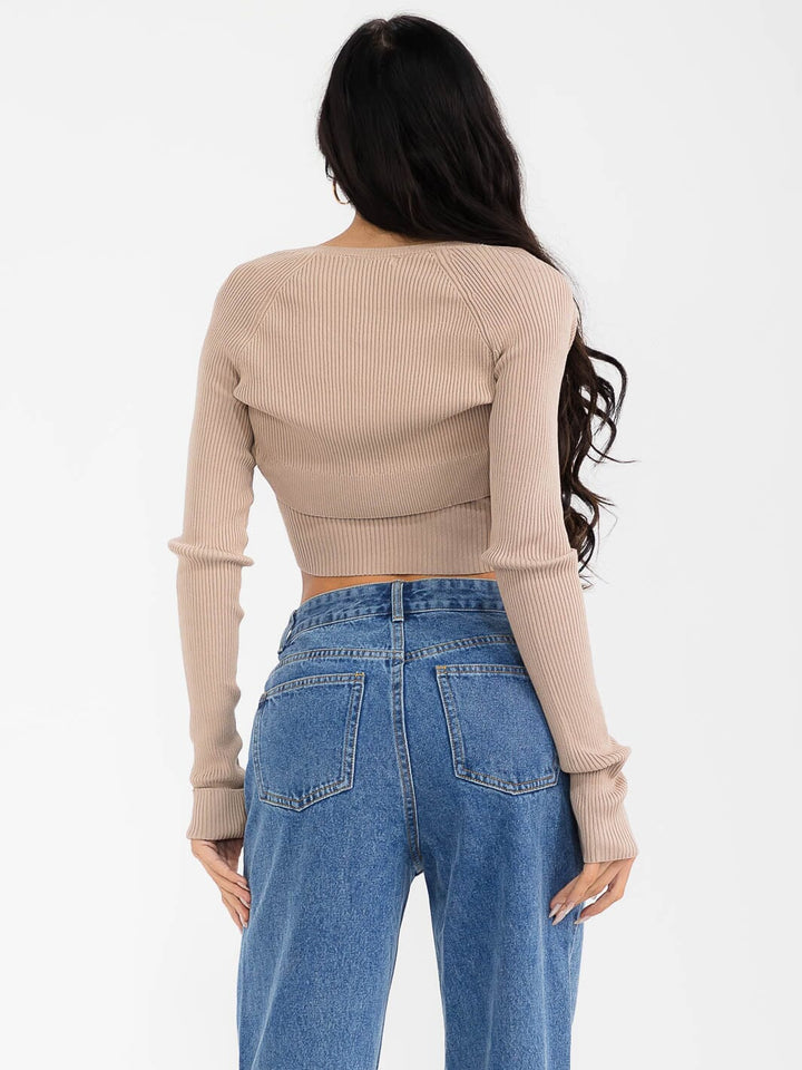 WOMEN'S LONG SLEEVE CARDIGAN & TANK TOP RIBBED 2PCS SET TOP