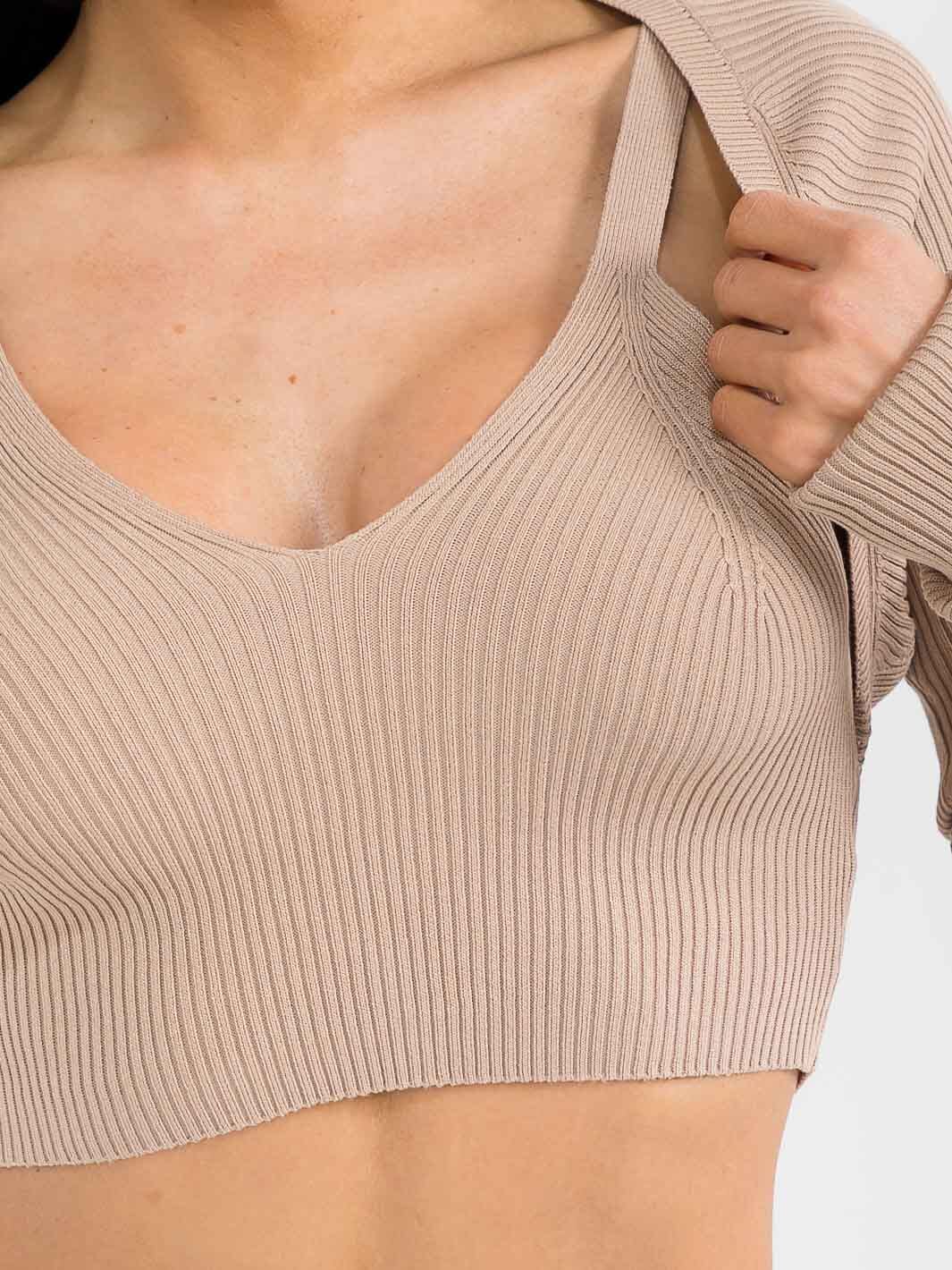 WOMEN'S LONG SLEEVE CARDIGAN & TANK TOP RIBBED 2PCS SET TOP