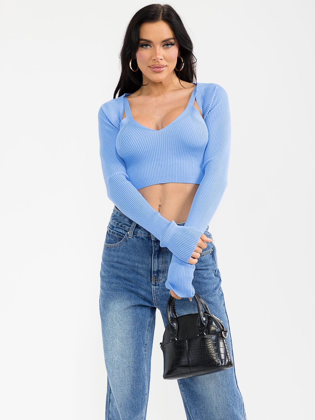 WOMEN'S LONG SLEEVE CARDIGAN & TANK TOP RIBBED 2PCS SET TOP