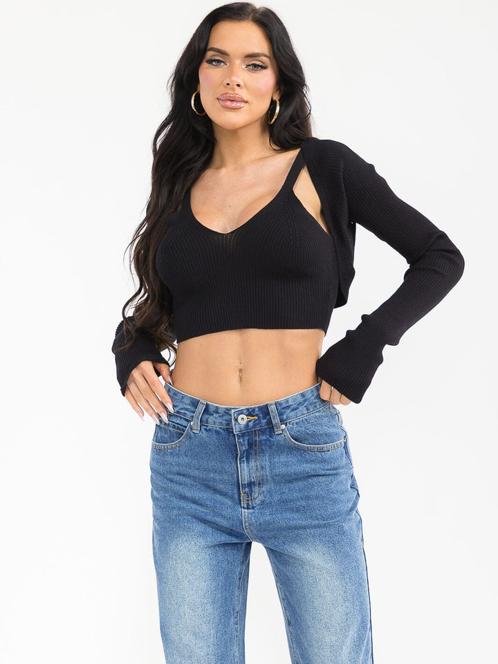 WOMEN'S LONG SLEEVE CARDIGAN & TANK TOP RIBBED 2PCS SET TOP