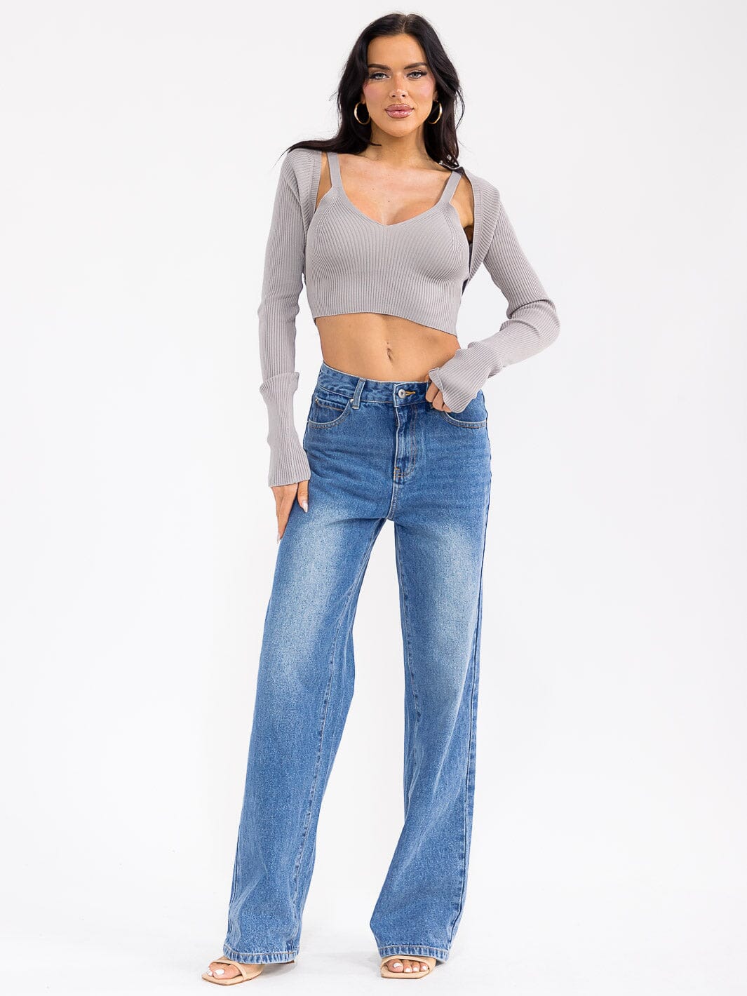 WOMEN'S LONG SLEEVE CARDIGAN & TANK TOP RIBBED 2PCS SET TOP