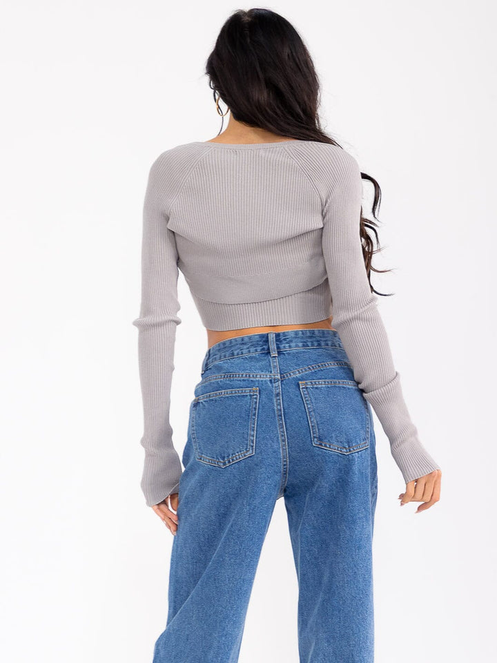 WOMEN'S LONG SLEEVE CARDIGAN & TANK TOP RIBBED 2PCS SET TOP