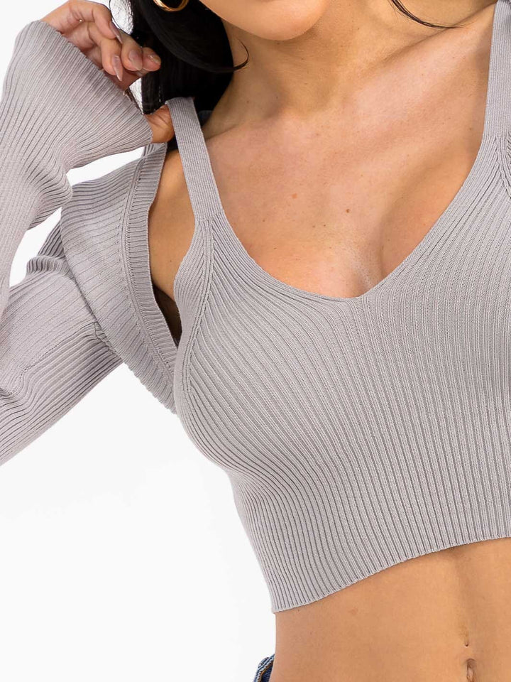 WOMEN'S LONG SLEEVE CARDIGAN & TANK TOP RIBBED 2PCS SET TOP